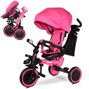 image:imageKRIDDO 8in1 Foldable Tricycle Stroller for Toddlers 18 Months to 5 Years 5Point Seatbelt 1Step Brake Pedal Extended Canopy Triple Footrest Safety Rearview Window Detachable Guardrail GreyPink